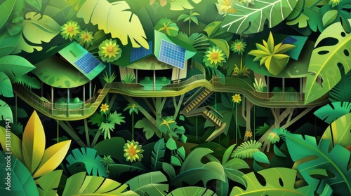 A whimsical depiction of a futuristic eco-resort nestled in a tropical rainforest, where treehouse accommodations are equipped with solar panels and rainwater harvesting systems photo