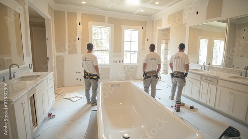 Three Construction Workers Inspecting a New Bathroom