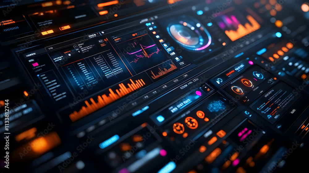 A futuristic dashboard displaying data analytics and visualizations in vibrant colors.