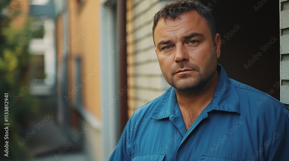 A plump, tired man in a blue work shirt stands in front of the apartment threshold, looking weary and cautious, reflecting the life of a hardworking, humble individual in a gloomy, quiet atmosphere. A plump, tired man in a blue work shirt stands in front of the apartment threshold, looking weary and cautious, reflecting the life of a hardworking, humble individual in a gloomy, quiet atmosphere.