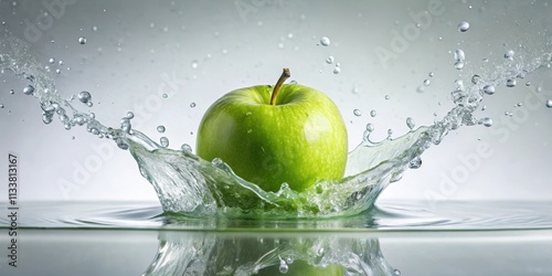 Splash of water from a falling green apple , fresh, fruit, drop, nature, organic, healthy, diet, vitamin, refreshment, juicy
