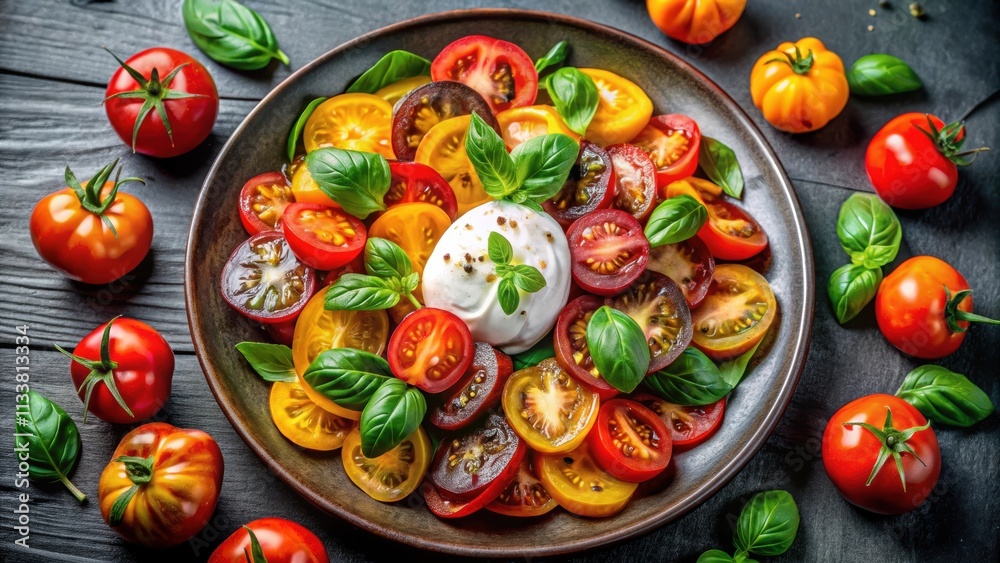 A vibrant and fresh modern tomato salad with colorful heirloom tomatoes, creamy burrata cheese, fresh basil, and balsamic glaze A vibrant and fresh modern tomato salad with colorful heirloom tomatoes, creamy burrata cheese, fresh basil, and balsamic glaze