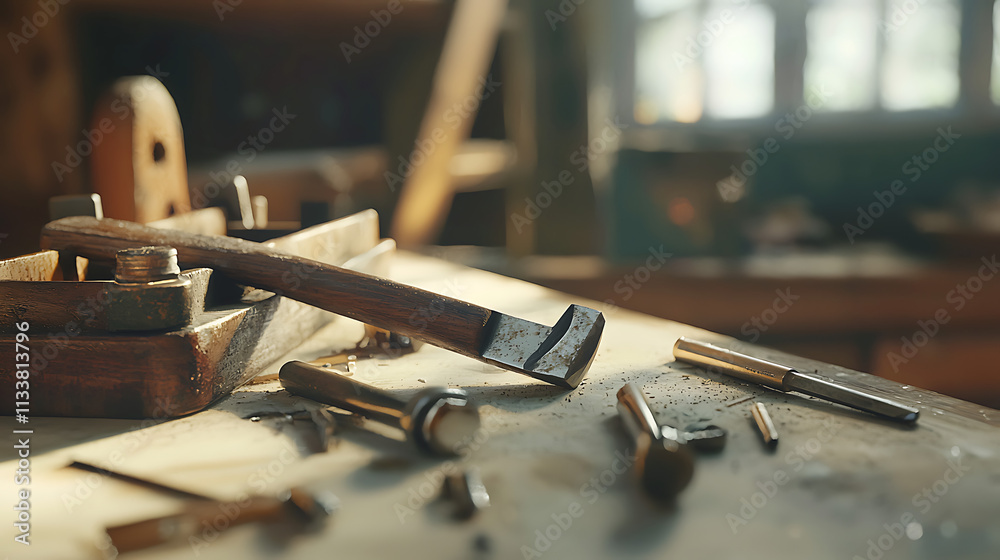 A woodworking shop with tools and a hammer on a table A woodworking shop with tools and a hammer on a table