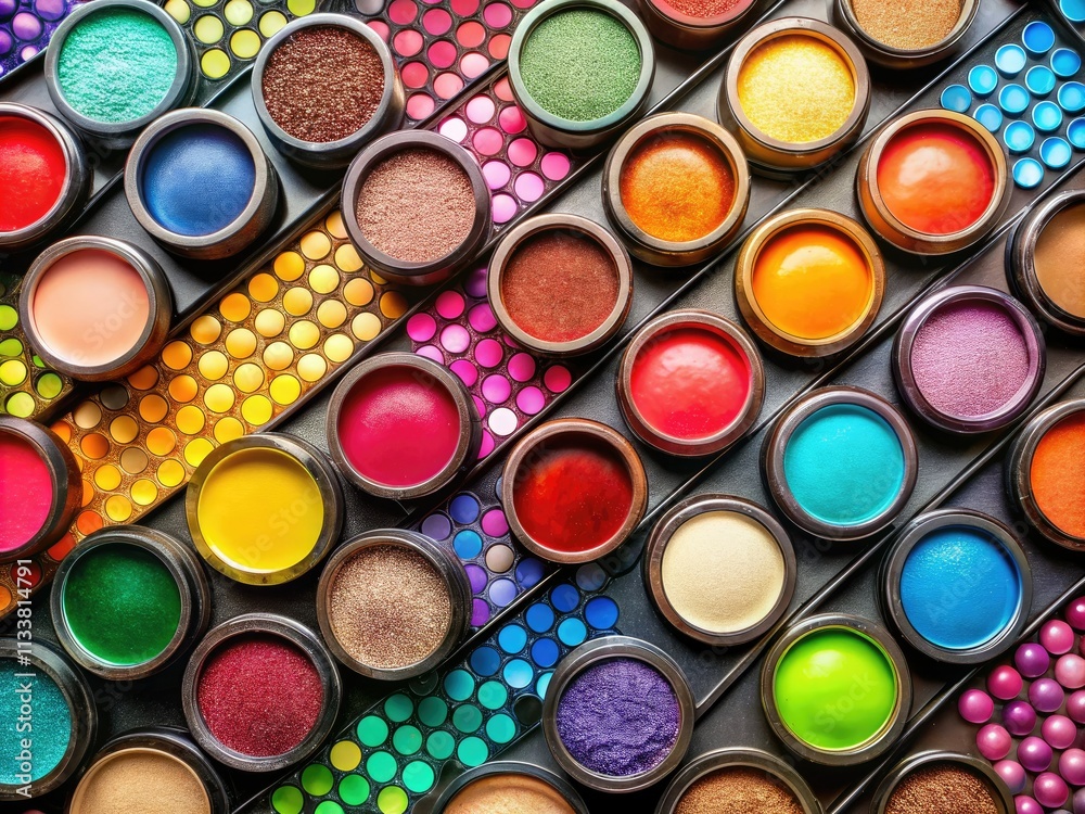 Vibrant cosmetic palette, captured from above. Drone photography showcases colorful beauty products like paint swatches. Vibrant cosmetic palette, captured from above. Drone photography showcases colorful beauty products like paint swatches.