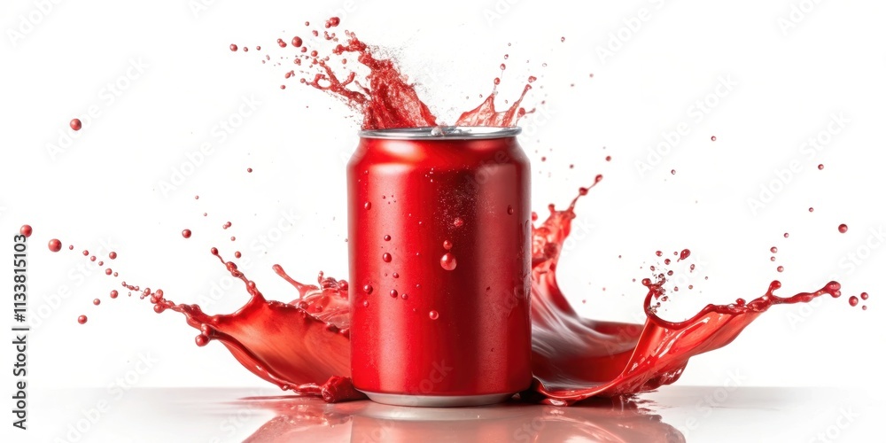 Obraz premium Red soda can splashing with vibrant red liquid against white background, soda, can, drink, splash, red
