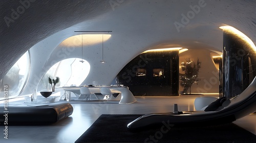 A modern futuristic composition highlighting sleek designs and dynamic lighting effects in a 3D space.  photo