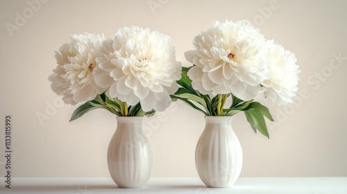 Wallpaper Mural Three elegant white peonies in ribbed vases on a light beige background. Torontodigital.ca