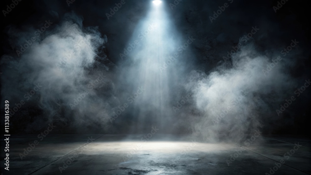 Dark background with a single light beam shining through smoke and fog, illuminating a concrete floor, dark Dark background with a single light beam shining through smoke and fog, illuminating a concrete floor, dark