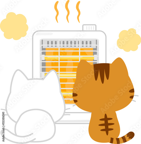 電気ストーブの前に座る２匹の猫