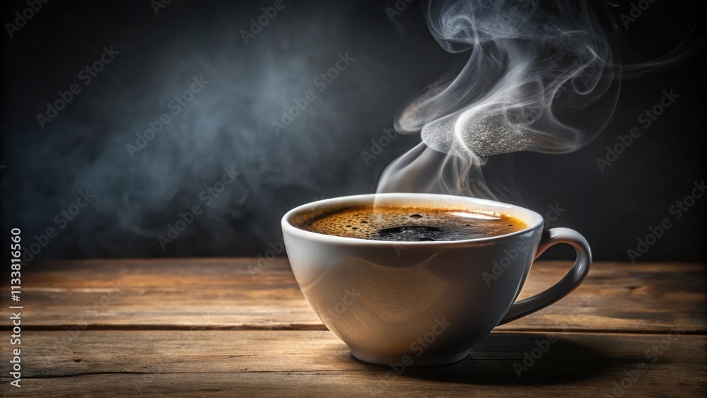 Close-up of a steaming cup of black coffee with foam, caffeine, beverage, hot, aroma, espresso, morning, drink, roasted, beans Close-up of a steaming cup of black coffee with foam, caffeine, beverage, hot, aroma, espresso, morning, drink, roasted, beans