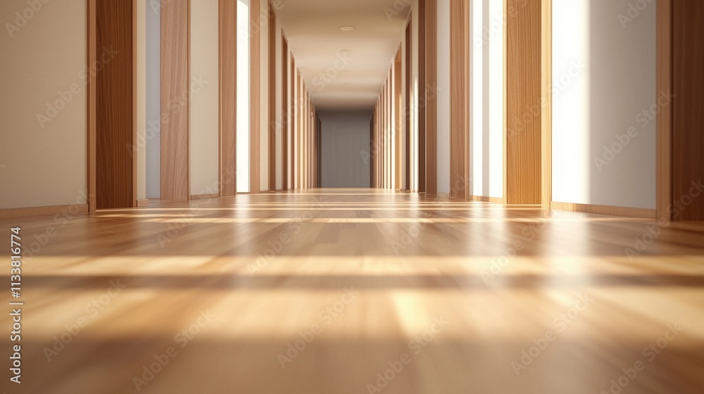 Innovative Advanced Methods in a Long Hallway with Wooden Floor and Light Coming Through the Doors for Stock Photography Market