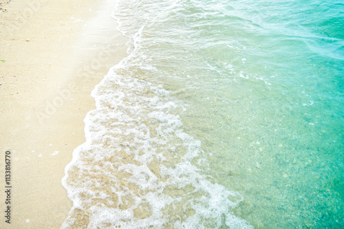 Peaceful blue green sea waves shore. Ocean coast view. photo beachfront. Seaside exotic tropical nature landscape .Focus on beach wave, Noisy, exposure, similar others