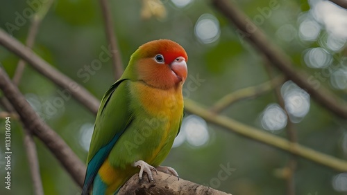 Green and Orange Abyssinian Lovebird Perched on Branch in Natural Setting photo