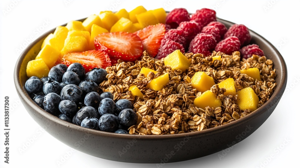 Healthy breakfast bowl with granola, mango, strawberries, raspberries, and blueberries. Healthy breakfast bowl with granola, mango, strawberries, raspberries, and blueberries.