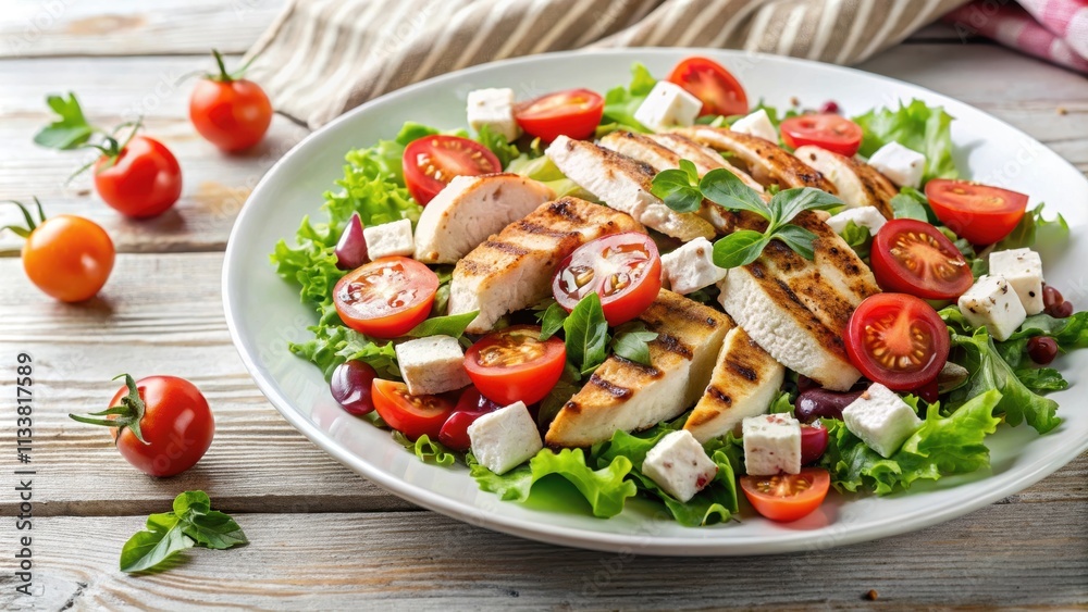 Grilled chicken salad with feta and tomatoes on a white plate , healthy, fresh, meal, food, lunch, dinner Grilled chicken salad with feta and tomatoes on a white plate , healthy, fresh, meal, food, lunch, dinner