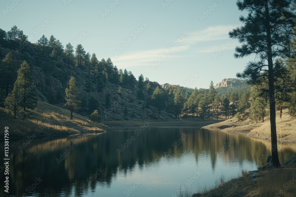 Fototapeta premium Serene Mountain Lake Surrounded by Pine Trees and Rolling Hills on a Clear Day Perfect for Outdoor Adventure and Nature Photography