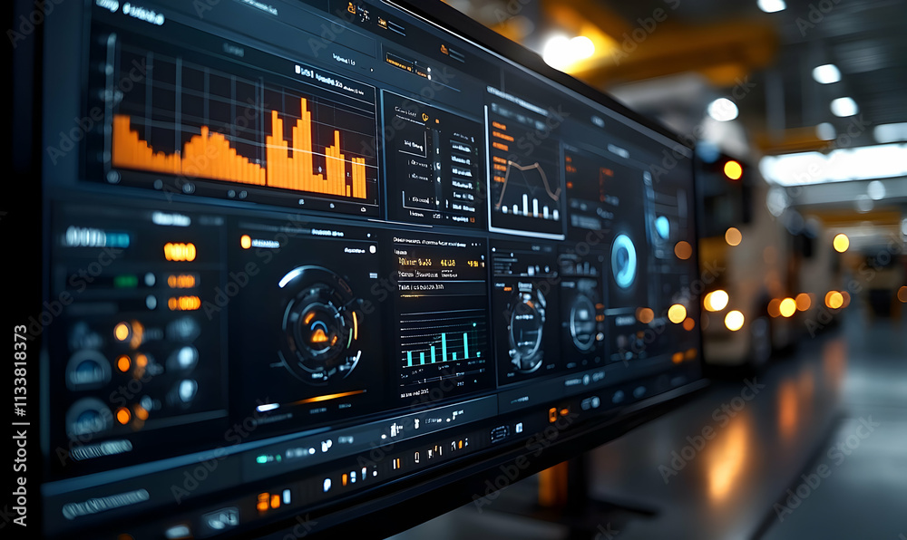 A digital dashboard displaying data analytics and metrics in an industrial setting. A digital dashboard displaying data analytics and metrics in an industrial setting.