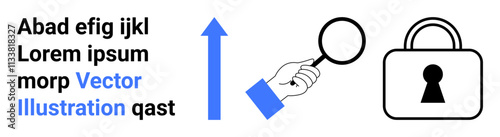 Hand holding magnifying glass analyzing text, upward arrow indicating progress, and lock signifying security and protection. Ideal for business analysis, growth, cybersecurity, search, investigation