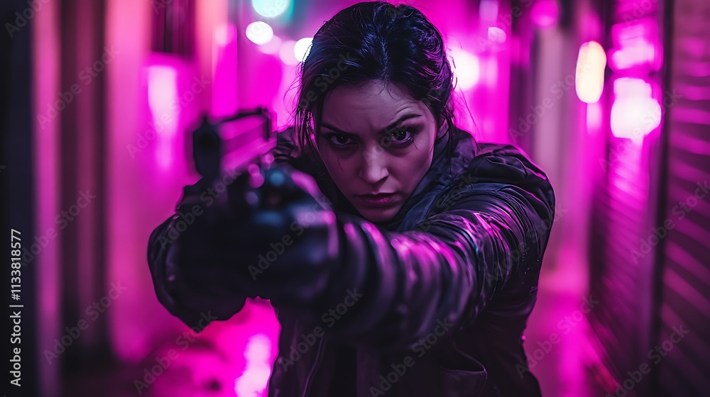 Woman Aims Gun Neon City Night Woman Aims Gun Neon City Night