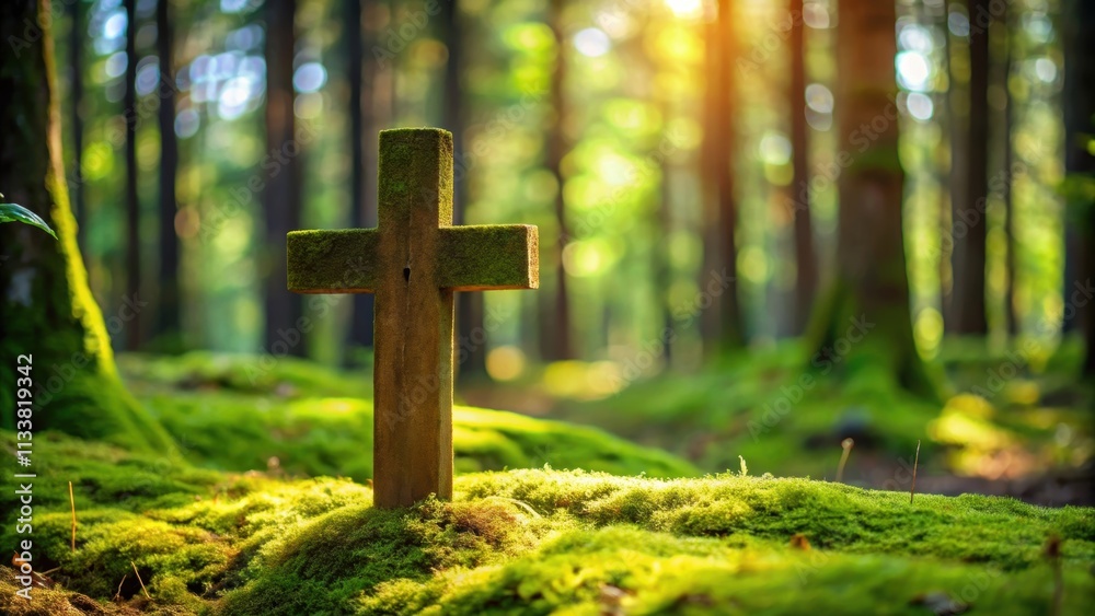 Serene forest burial site with moss-covered wooden cross creates a natural and peaceful funeral backdrop , forest, burial, cemetery Serene forest burial site with moss-covered wooden cross creates a natural and peaceful funeral backdrop , forest, burial, cemetery