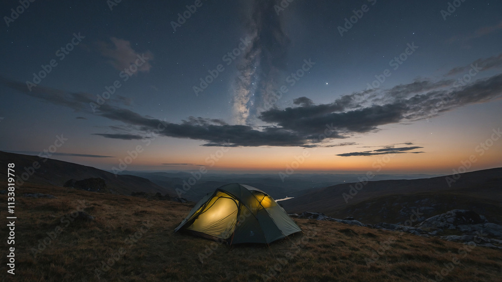 tent in the mountains at sunset tent in the mountains at sunset