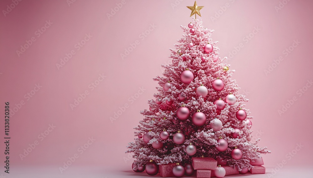 A whimsical pink Christmas tree adorned with spherical ornaments and a gold star, ideal for minimalist holiday designs, invitations, and seasonal marketing materials.