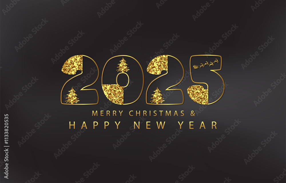 Merry Christmas and Happy New Year 2025 Gold Glitter Beautiful Bright And Shining Design And Black Background Merry Christmas and Happy New Year 2025 Gold Glitter Beautiful Bright And Shining Design And Black Background