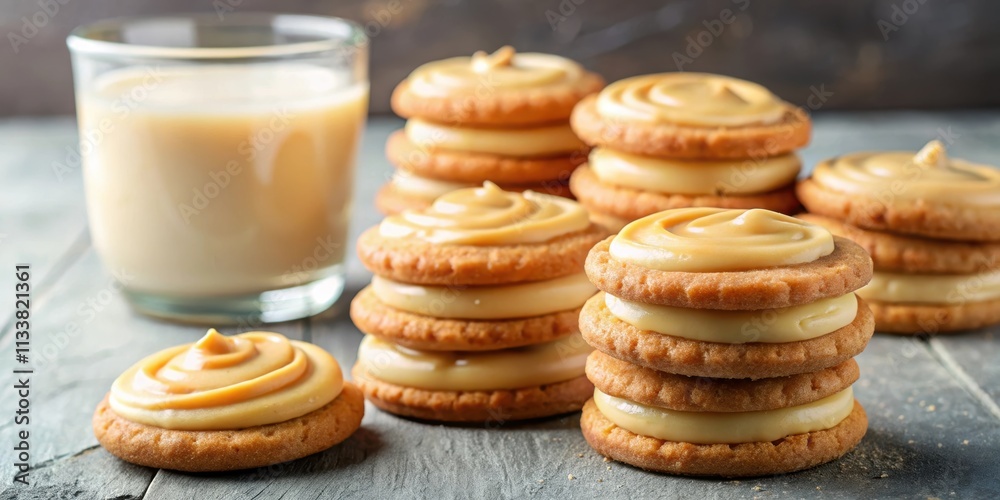 Close-up shot of delicious cookies topped with boiled condensed milk, cookies, dessert, sweet, baked goods, snack