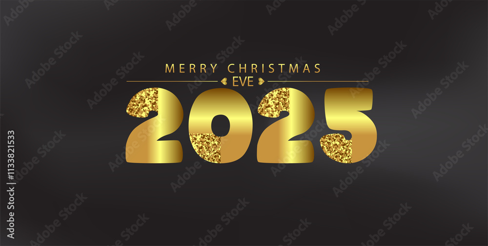 Naklejka premium Merry Christmas and Happy New Year 2025 Gold Glitter Beautiful Bright And Shining Design And Black Background