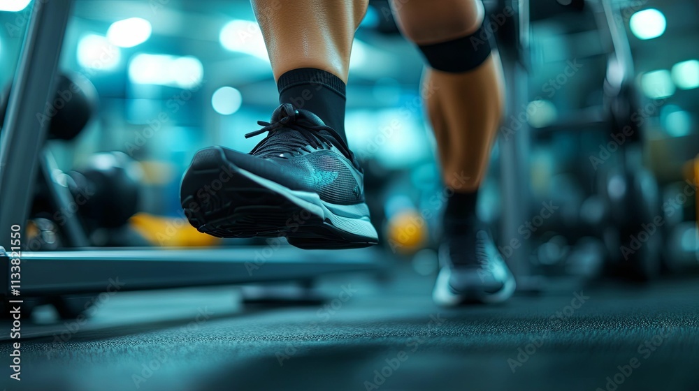 Athletes foot running on gym treadmill during workout Athletes foot running on gym treadmill during workout
