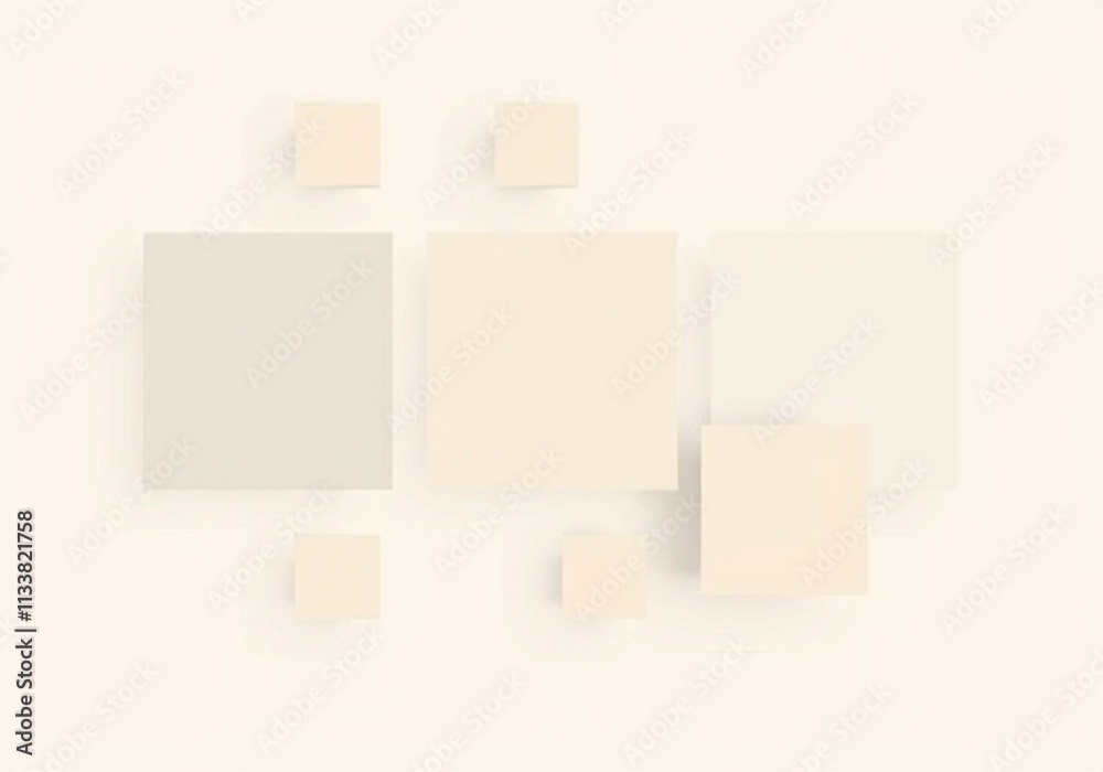 A modern abstract composition with floating squares and rectangles in soft beige and gray tones.