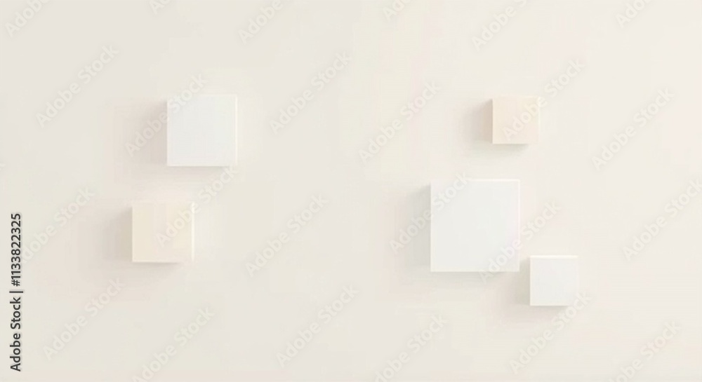 A modern abstract composition with floating squares and rectangles in soft beige and gray tones. A modern abstract composition with floating squares and rectangles in soft beige and gray tones.