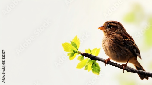 Small bird perched on a branch with green leaves against a soft background. photo