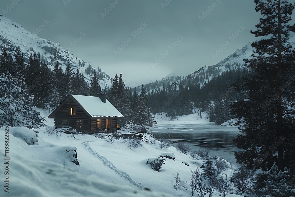 Fototapeta premium Secluded Winter Cabin by Frozen Lake in Snowy Mountains