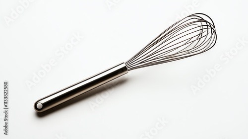 Stainless steel whisk on a white isolated background.