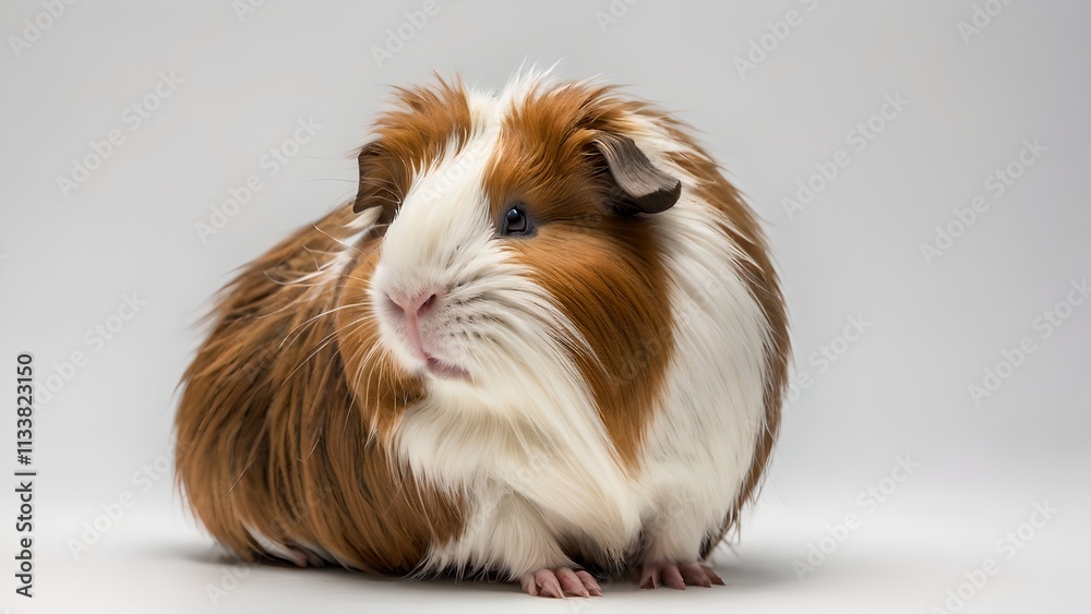Adorable Fluffy Brown and White Guinea Pig on White Background Adorable Fluffy Brown and White Guinea Pig on White Background