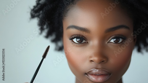 A close-up of a woman applying mascara, highlighting beauty and makeup artistry. photo