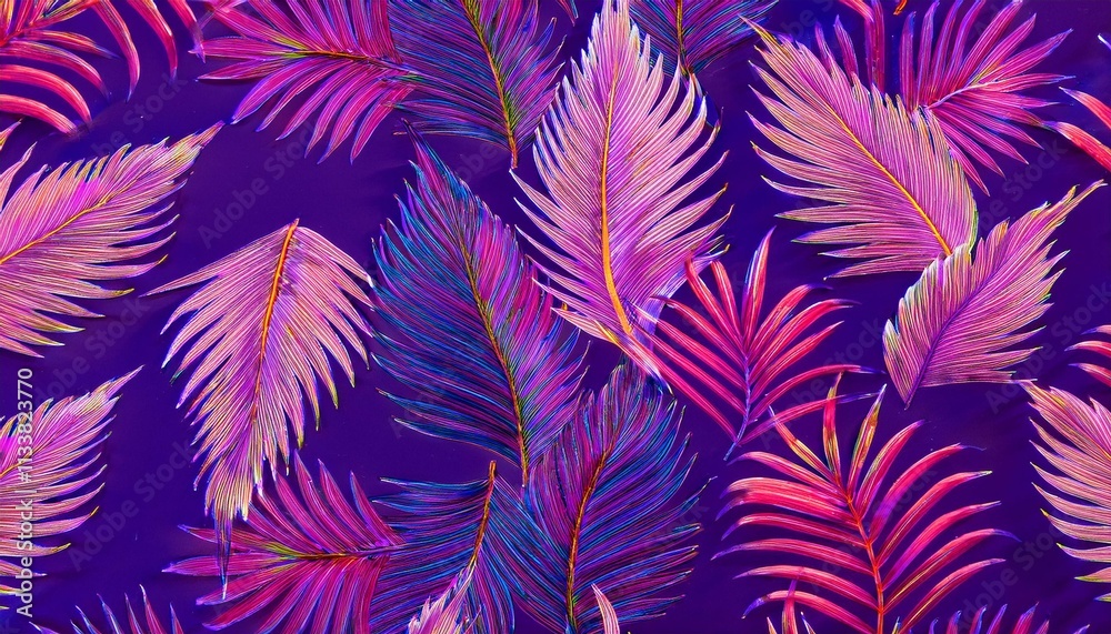 Vibrant pink and purple tropical palm leaves on a deep purple background. Vibrant pink and purple tropical palm leaves on a deep purple background.
