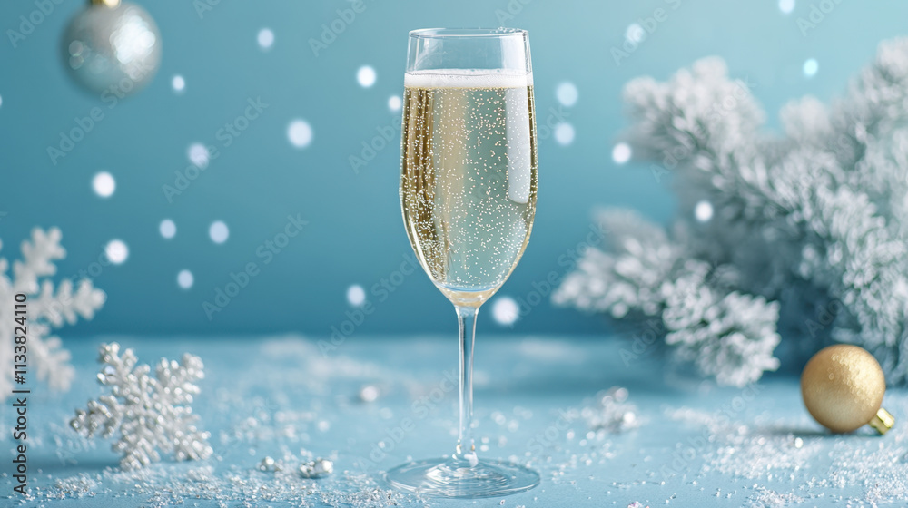festive champagne glass filled with sparkling drink, surrounded by winter decorations, creating joyful holiday atmosphere