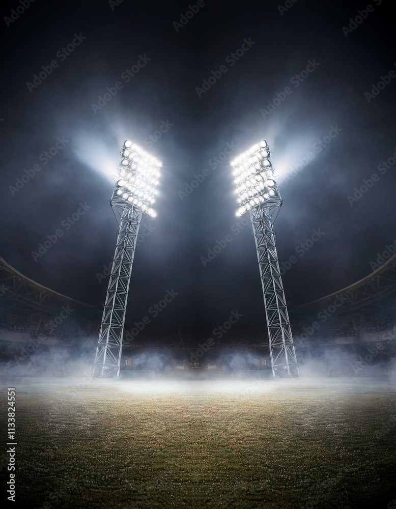 Night stadium lights illuminate empty field, creating a dramatic and atmospheric scene.
