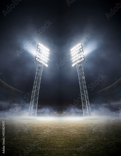Obraz na płótnie Night stadium lights illuminate empty field, creating a dramatic and atmospheric scene. w salonie