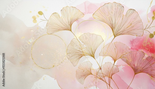 Delicate gold ginkgo leaves on a blush pink watercolor background.