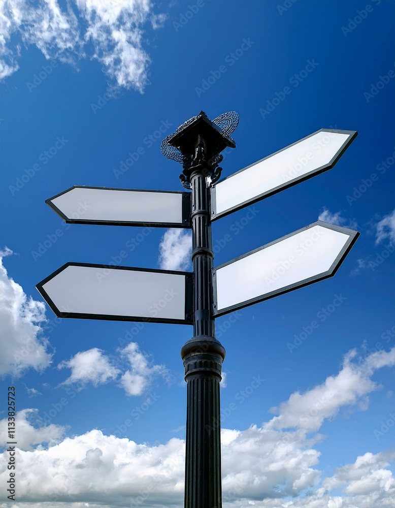 Blank directional signpost against a bright blue sky. Many choices ahead. Blank directional signpost against a bright blue sky. Many choices ahead.
