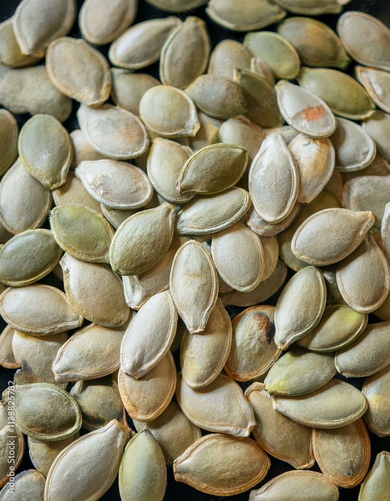 A close-up shot of pumpkin seeds, showcasing their natural texture and variations in color. A close-up shot of pumpkin seeds, showcasing their natural texture and variations in color.