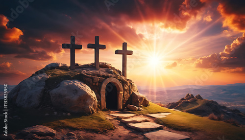 Resurrection of Jesus: Empty Tomb and Three Crosses Against Vibrant Sunset Sky.
