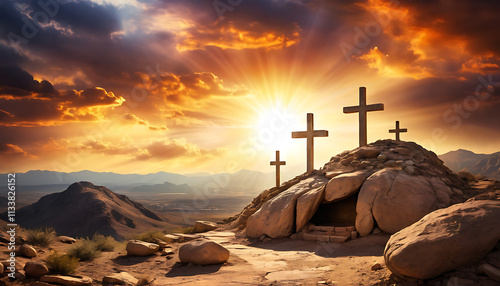 Resurrection of Jesus: Empty Tomb and Three Crosses Against Vibrant Sunset Sky.