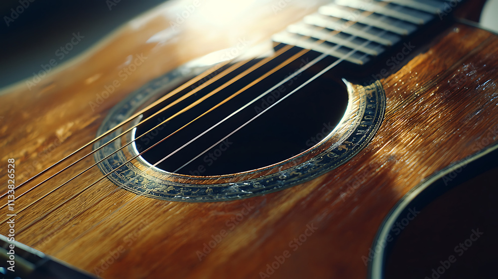 Obraz premium A guitar with a wooden body and a black headstock