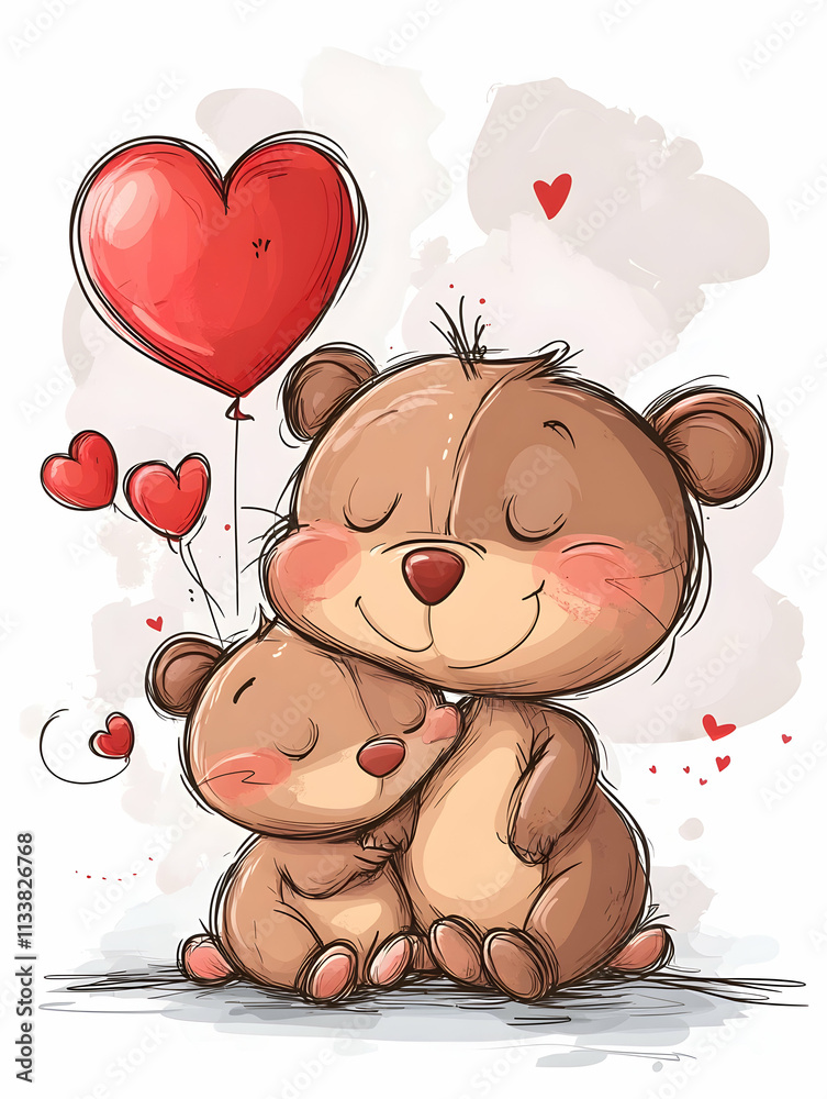 Two cute cartoon bears hugging, a heart-shaped balloon. Two cute cartoon bears hugging, a heart-shaped balloon.