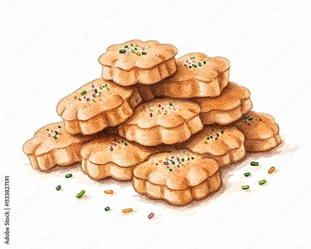 Watercolor illustration of a stack of flower-shaped cookies with sprinkles. Watercolor illustration of a stack of flower-shaped cookies with sprinkles.