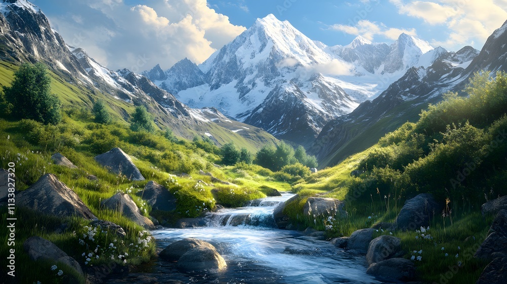 A picturesque mountain landscape with towering snow-capped peaks, lush greenery, and crystal-clear streams flowing through the valley A picturesque mountain landscape with towering snow-capped peaks, lush greenery, and crystal-clear streams flowing through the valley